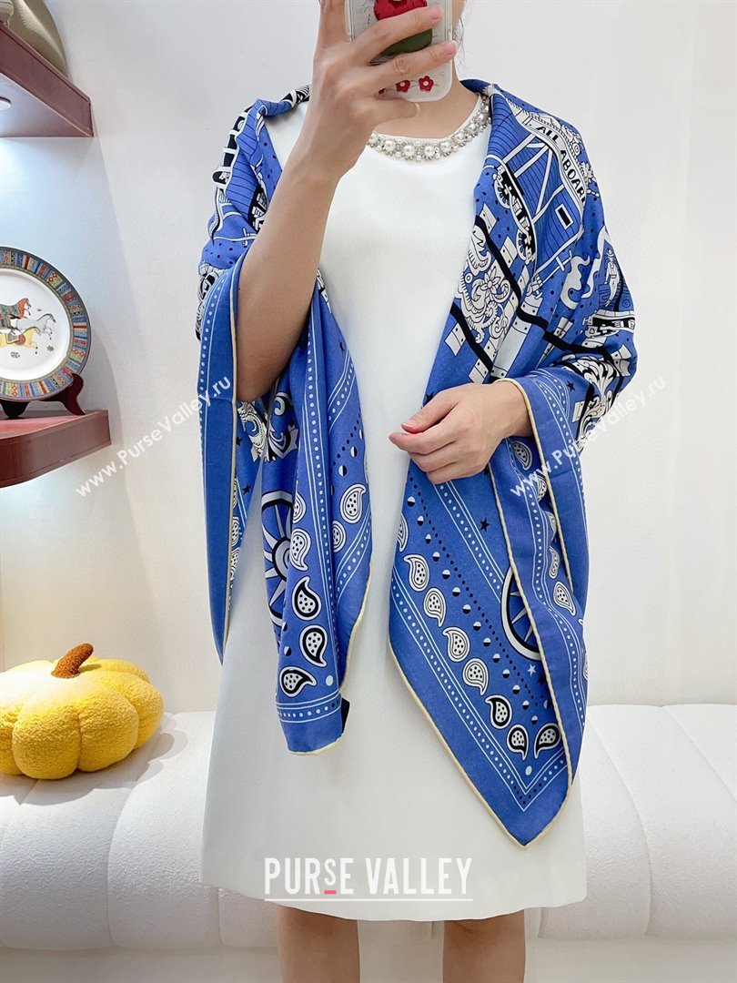 Hermes Cashmere Silk All Aboard！Sqaure Shawl Scarf 140cm H111822 Blue 2023 (A-23111822)