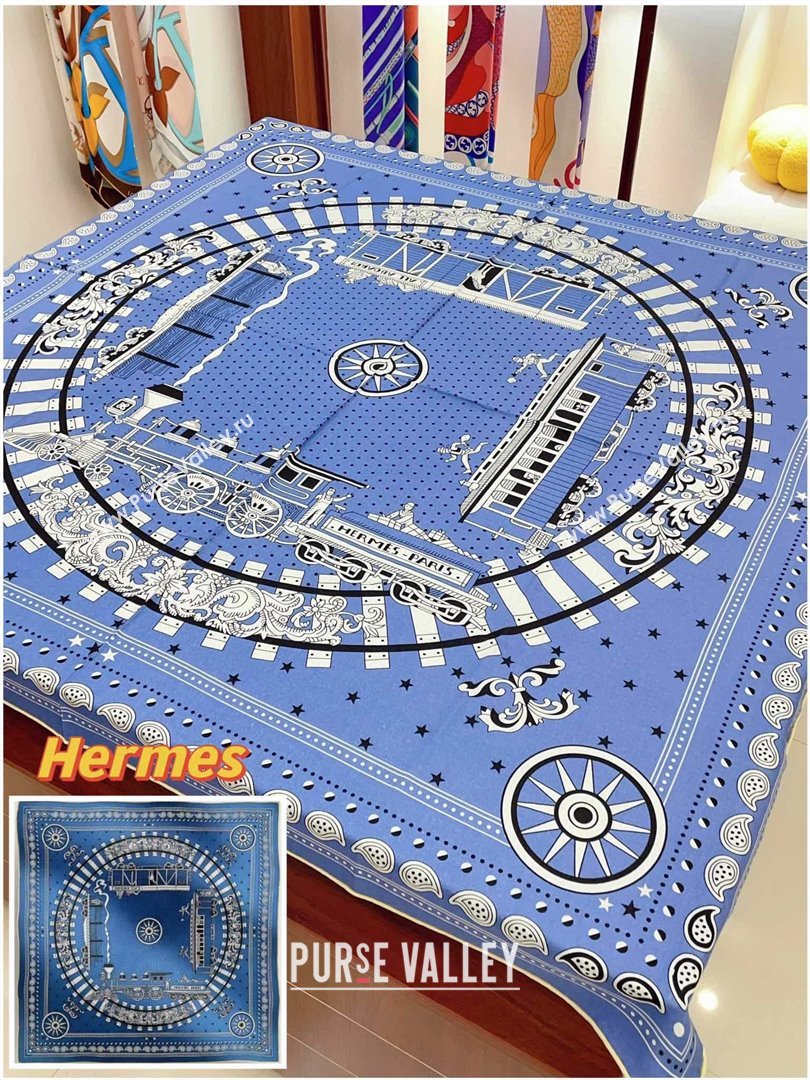 Hermes Cashmere Silk All Aboard！Sqaure Shawl Scarf 140cm H111822 Blue 2023 (A-23111822)