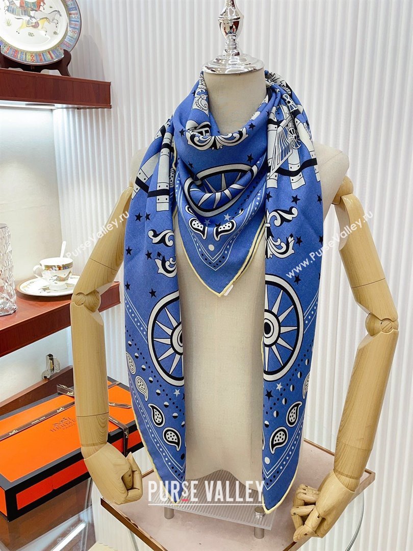 Hermes Cashmere Silk All Aboard！Sqaure Shawl Scarf 140cm H111822 Blue 2023 (A-23111822)