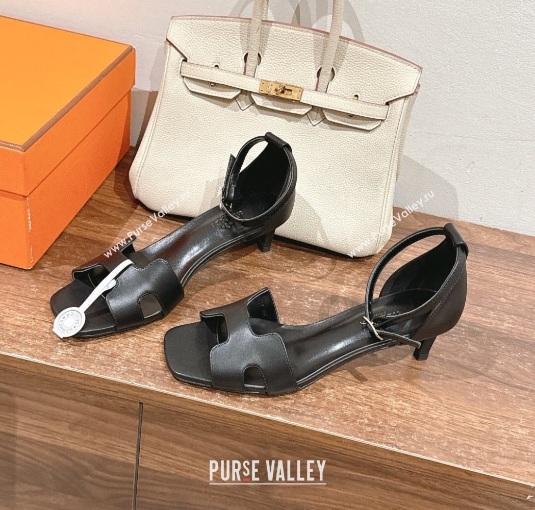 Hermes Joy Heel Sandals 4cm in Smooth Leather Black 2025 H02274 (MD-250227076)