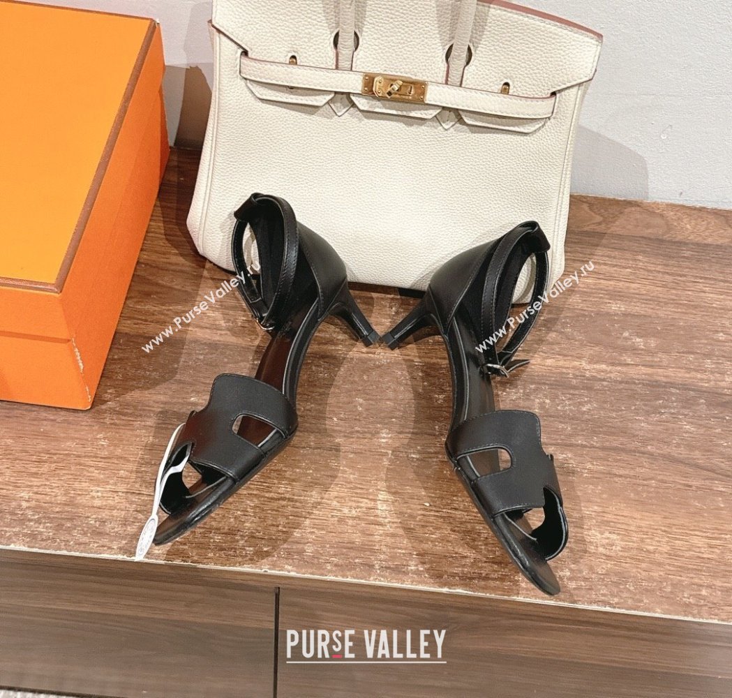 Hermes Joy Heel Sandals 4cm in Smooth Leather Black 2025 H02274 (MD-250227076)