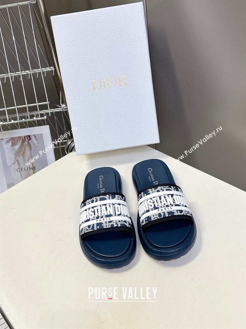 Dior Dioriviera Dway Flat Slides Sandal in Oblique Embroidered Cotton and White Rubber Blue 2025 (HQG-250710004)
