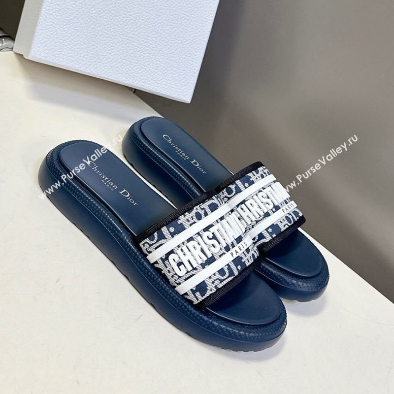 Dior Dioriviera Dway Flat Slides Sandal in Oblique Embroidered Cotton and White Rubber Blue 2025 (HQG-250710004)
