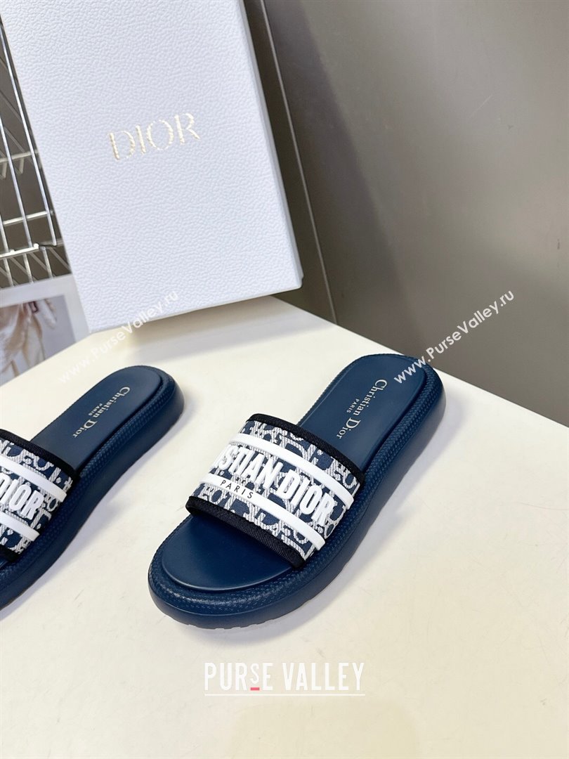 Dior Dioriviera Dway Flat Slides Sandal in Oblique Embroidered Cotton and White Rubber Blue 2025 (HQG-250710004)