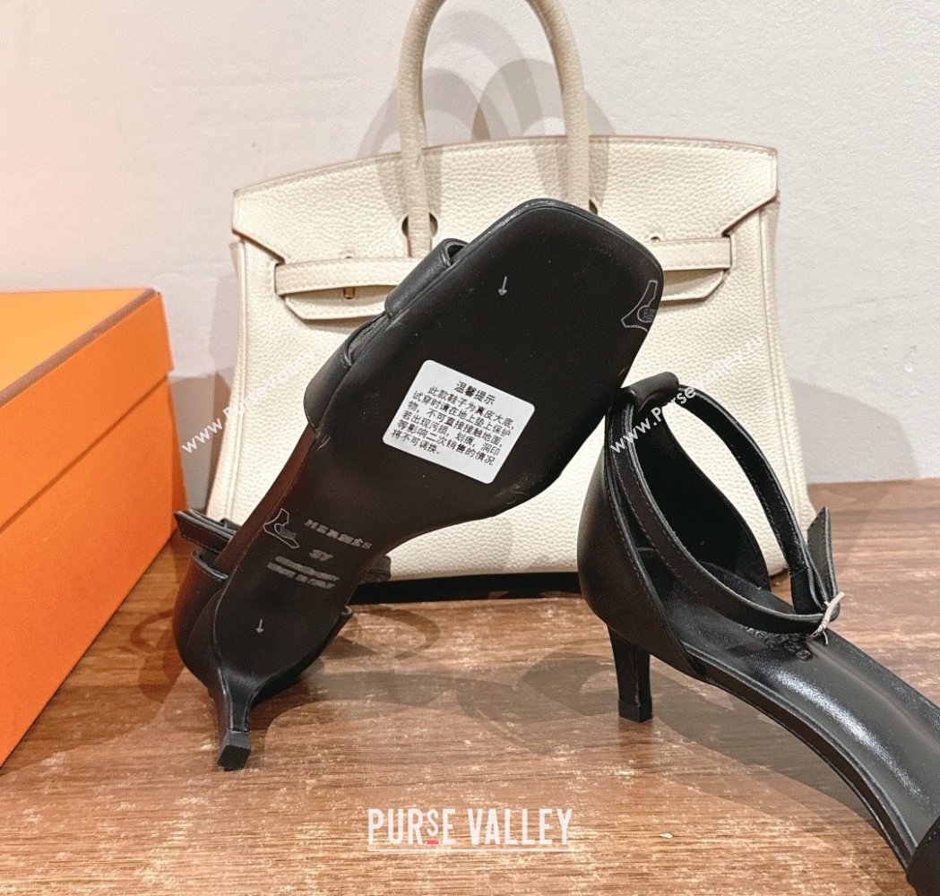 Hermes Joy Heel Sandals 4cm in Smooth Leather Black 2025 H02274 (MD-250227076)
