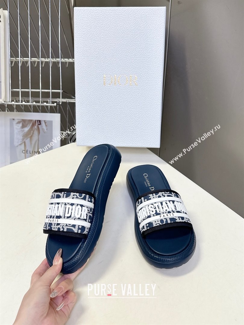 Dior Dioriviera Dway Flat Slides Sandal in Oblique Embroidered Cotton and White Rubber Blue 2025 (HQG-250710004)