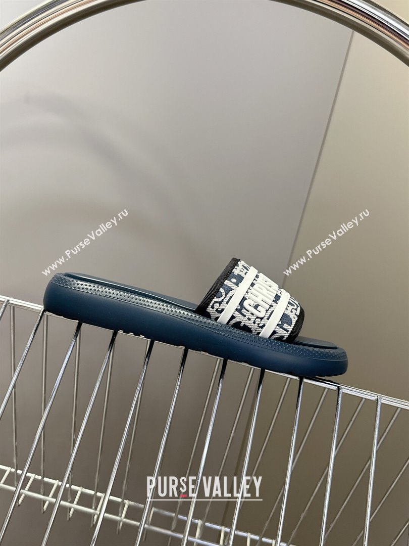 Dior Dioriviera Dway Flat Slides Sandal in Oblique Embroidered Cotton and White Rubber Blue 2025 (HQG-250710004)