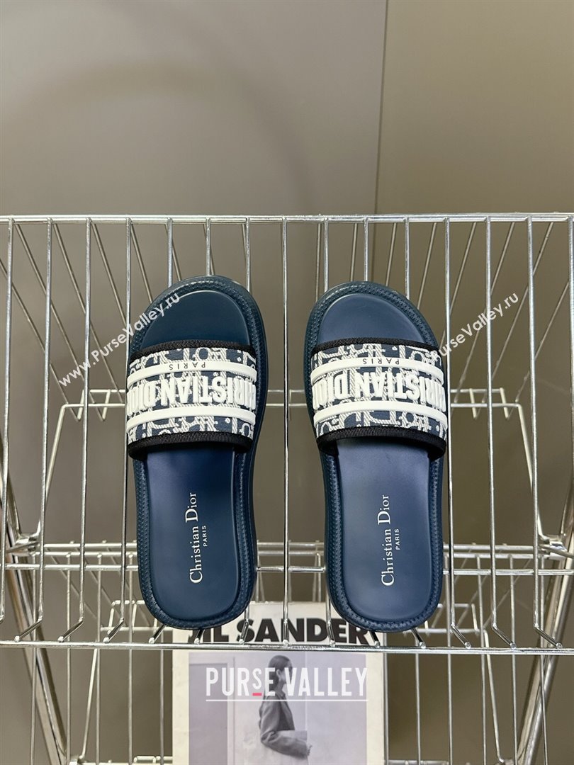 Dior Dioriviera Dway Flat Slides Sandal in Oblique Embroidered Cotton and White Rubber Blue 2025 (HQG-250710004)