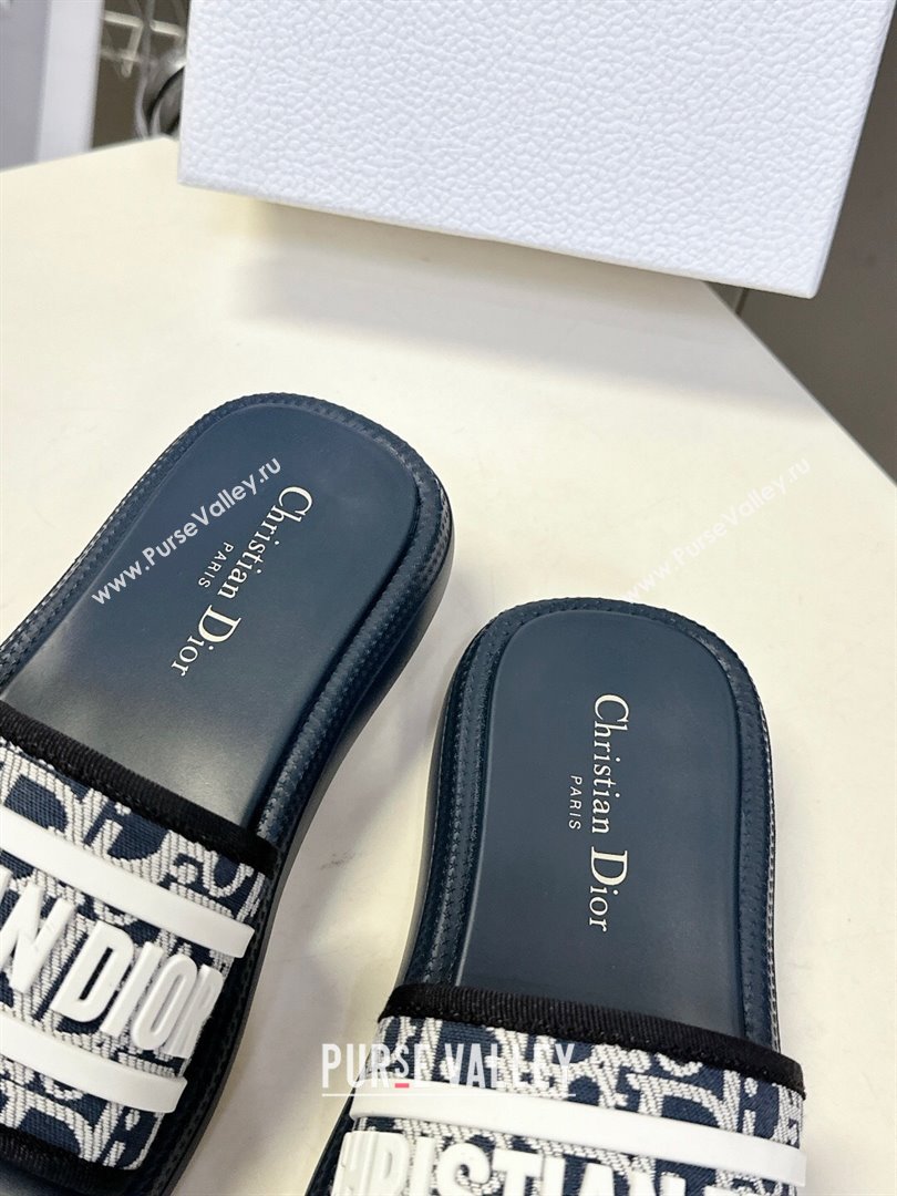 Dior Dioriviera Dway Flat Slides Sandal in Oblique Embroidered Cotton and White Rubber Blue 2025 (HQG-250710004)