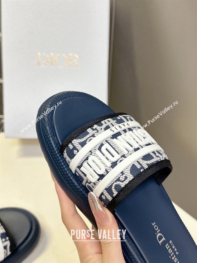 Dior Dioriviera Dway Flat Slides Sandal in Oblique Embroidered Cotton and White Rubber Blue 2025 (HQG-250710004)