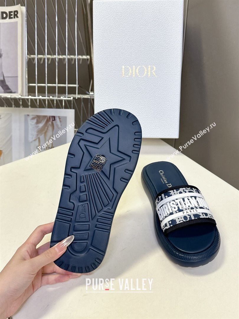 Dior Dioriviera Dway Flat Slides Sandal in Oblique Embroidered Cotton and White Rubber Blue 2025 (HQG-250710004)