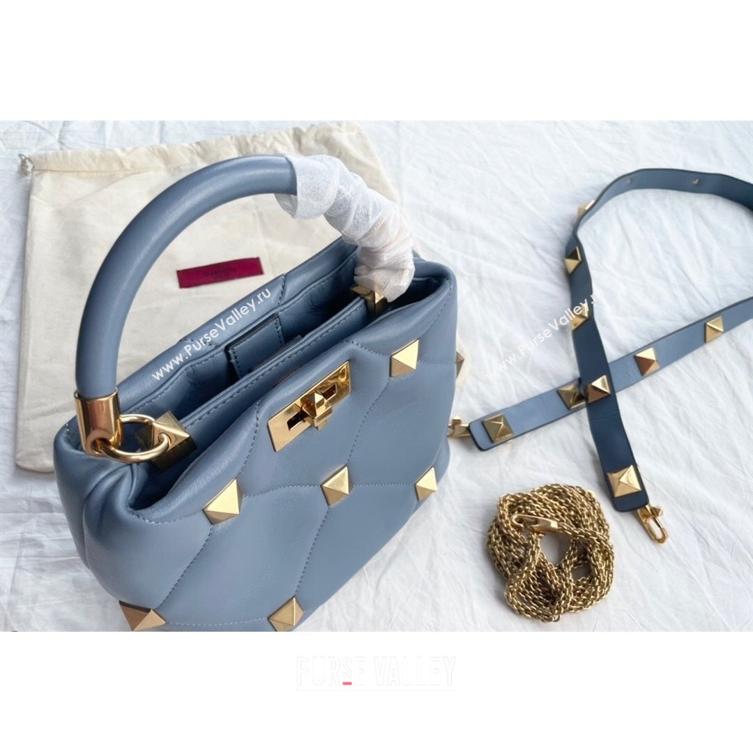 Valentino Small Roman Stud Lambskin Top Handle bag 0199S Blue 2021 (JD-21090945)