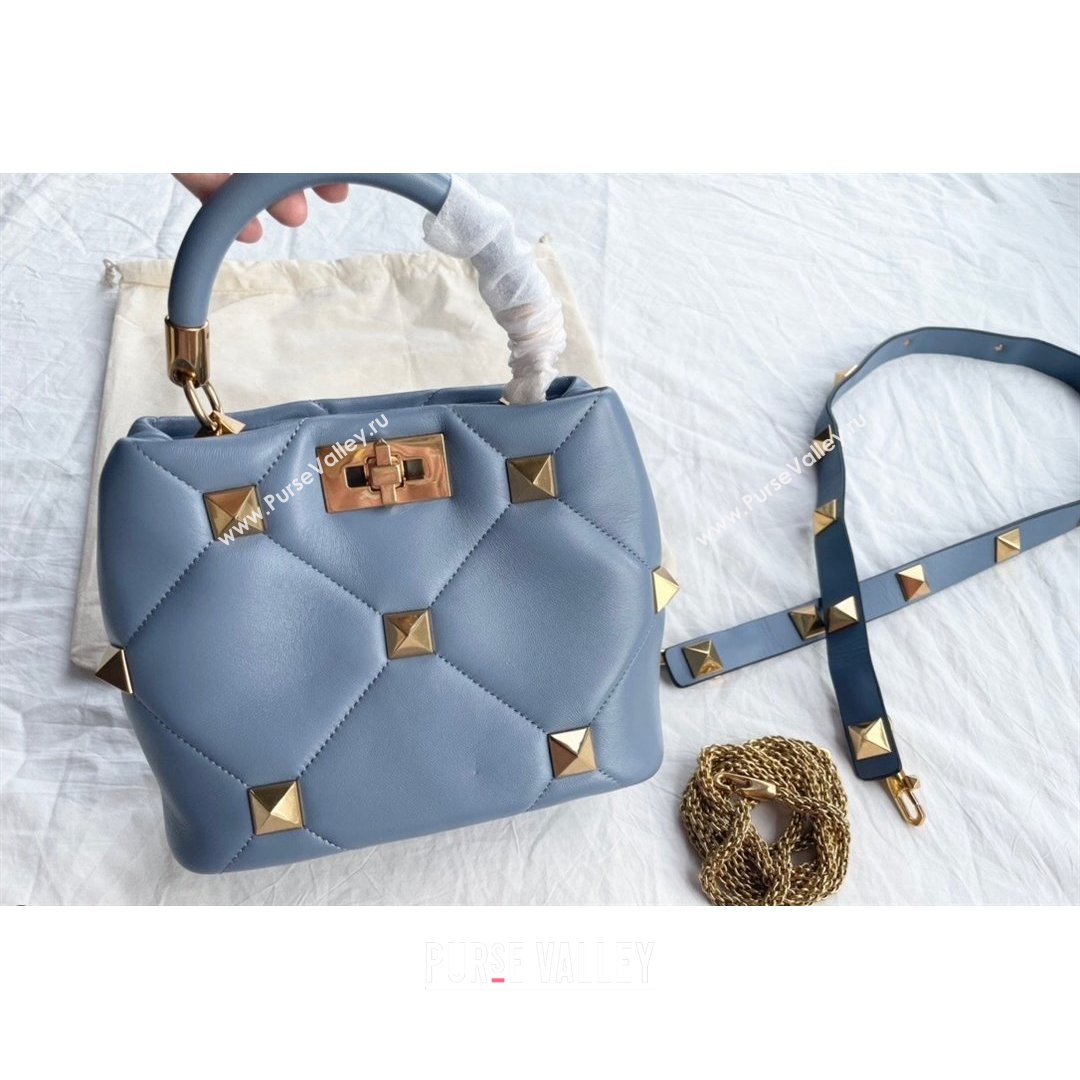 Valentino Small Roman Stud Lambskin Top Handle bag 0199S Blue 2021 (JD-21090945)