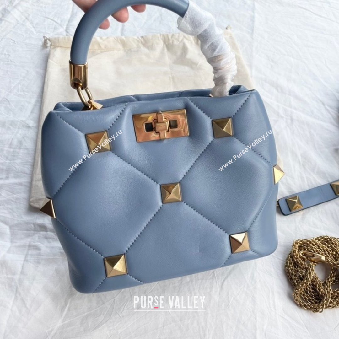 Valentino Small Roman Stud Lambskin Top Handle bag 0199S Blue 2021 (JD-21090945)