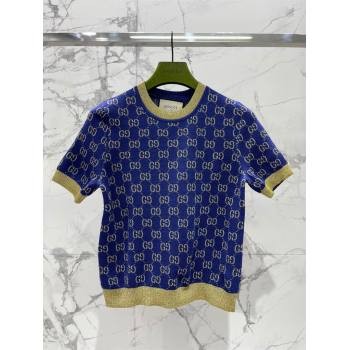 Gucci Wool Cashmere Short-sleeved Sweater G022605 Blue 2024 (Q-24022605)