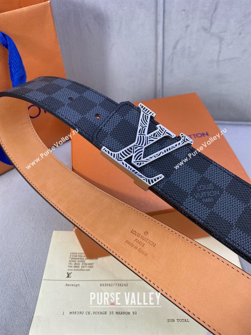 Louis Vuitton Damier Black Canvas Belt 40mm with Silver Striped LV Buckle 2020 (99-20120760)