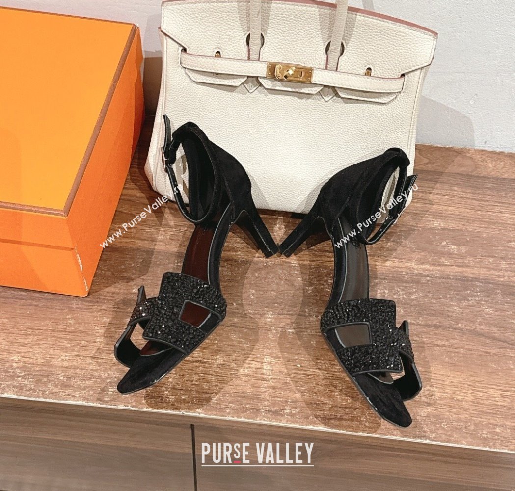 Hermes Joy Heel Sandals 7cm in Suede and Strass Black 2025 H02274 (MD-250227081)