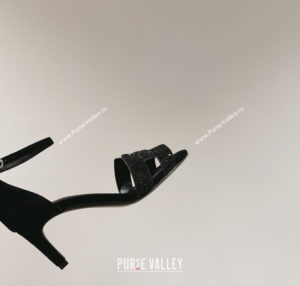 Hermes Joy Heel Sandals 7cm in Suede and Strass Black 2025 H02274 (MD-250227081)