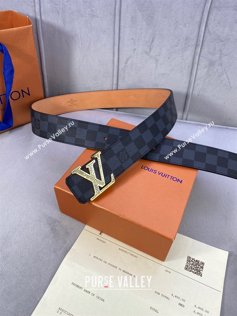 Louis Vuitton Damier Black Canvas Belt 40mm with Gold Striped LV Buckle 2020 (99-20120761)