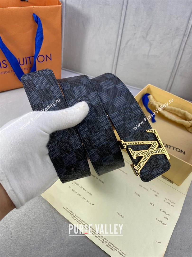 Louis Vuitton Damier Black Canvas Belt 40mm with Gold Striped LV Buckle 2020 (99-20120761)