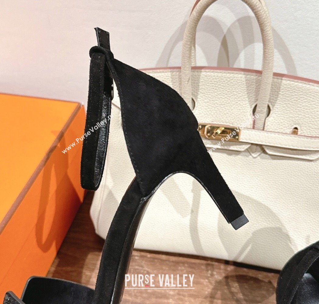 Hermes Joy Heel Sandals 7cm in Suede and Strass Black 2025 H02274 (MD-250227081)