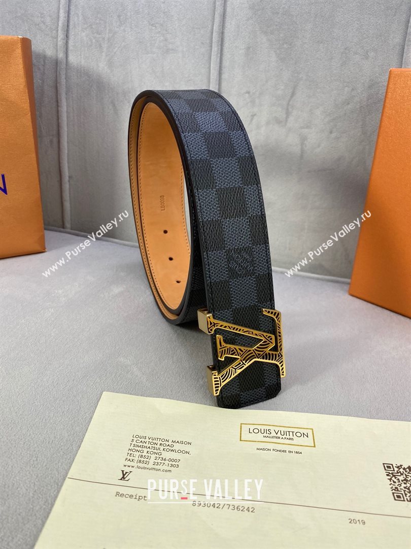 Louis Vuitton Damier Black Canvas Belt 40mm with Gold Striped LV Buckle 2020 (99-20120761)