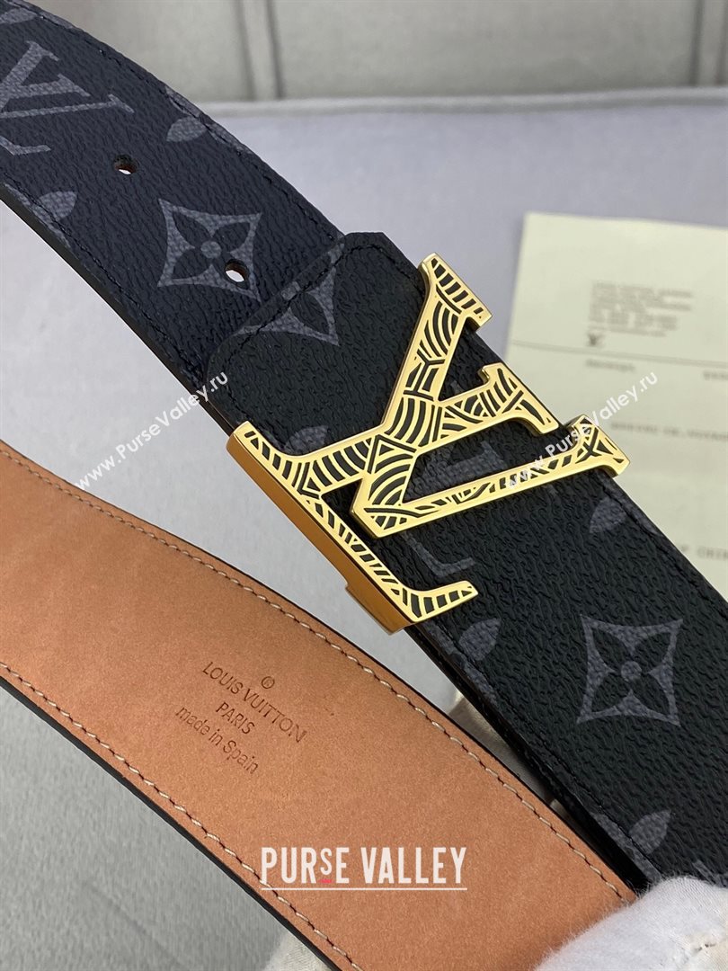 Louis Vuitton Monogram Black Canvas Belt 40mm with Gold Striped LV Buckle 2020 (99-20120763)
