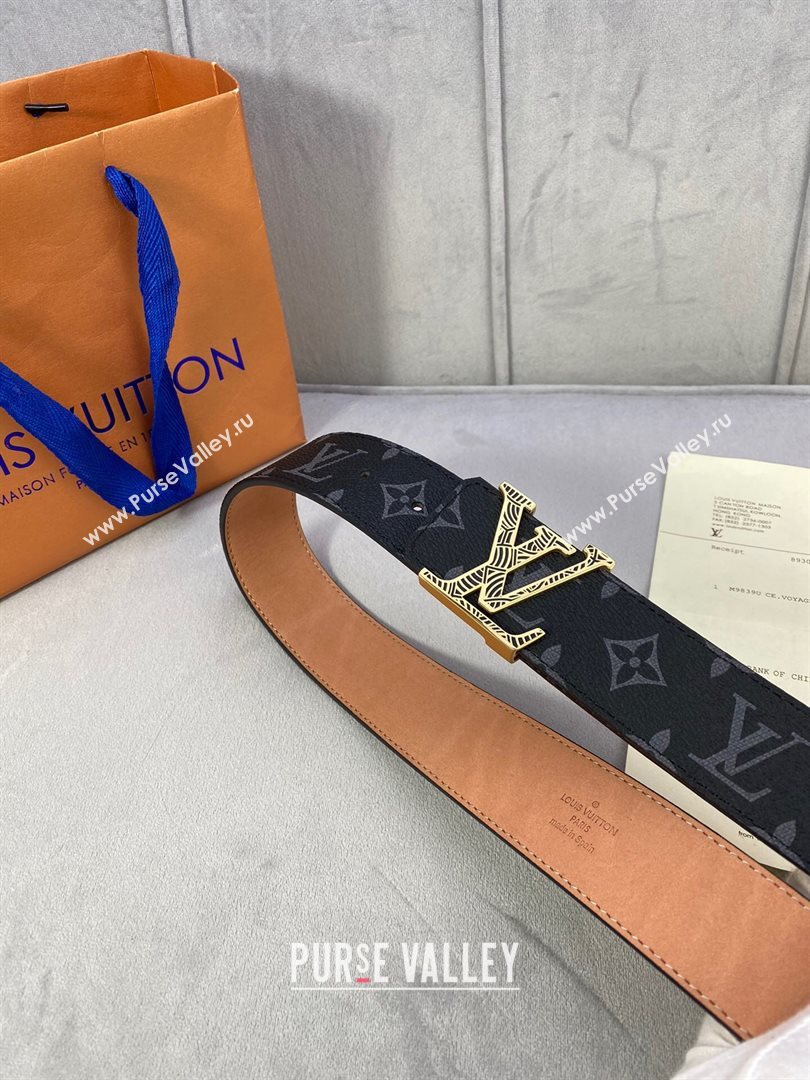 Louis Vuitton Monogram Black Canvas Belt 40mm with Gold Striped LV Buckle 2020 (99-20120763)