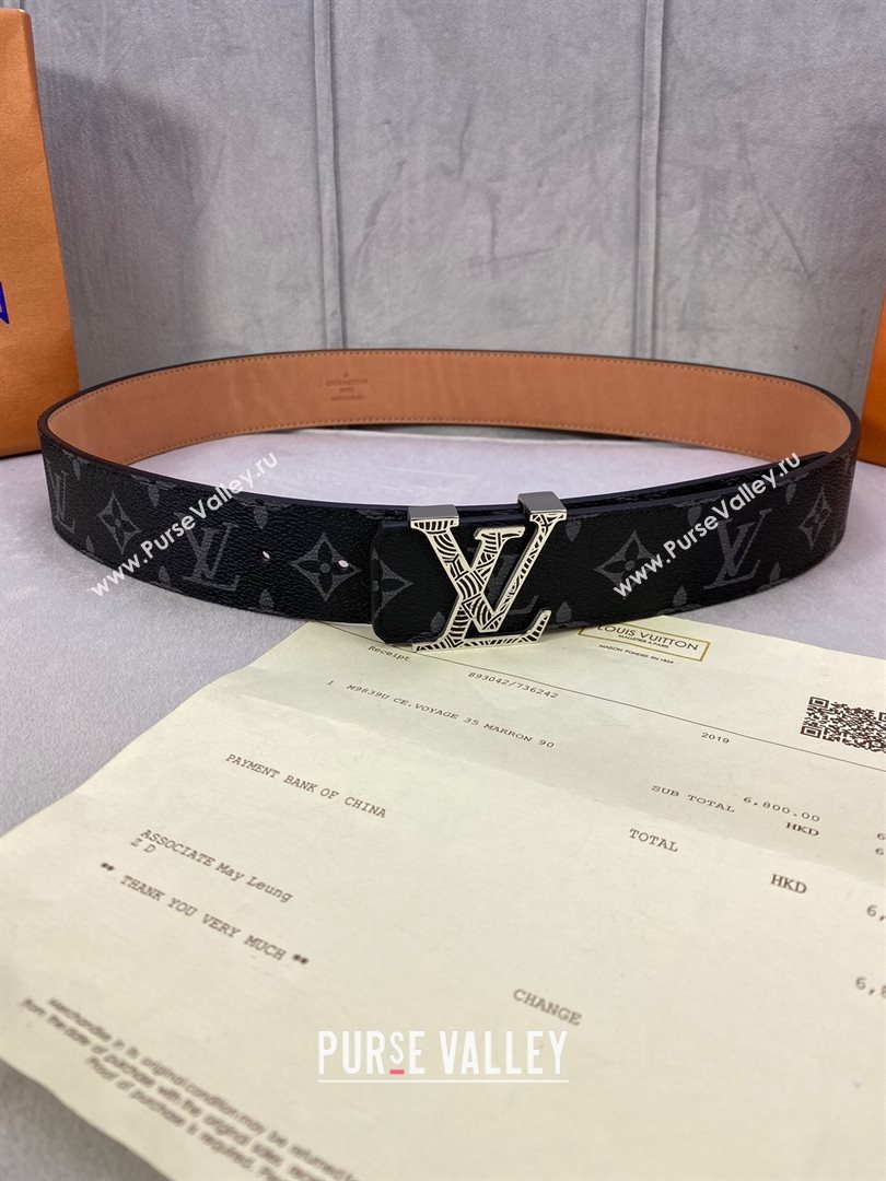Louis Vuitton Monogram Black Canvas Belt 40mm with Silver Striped LV Buckle 2020 (99-20120762)