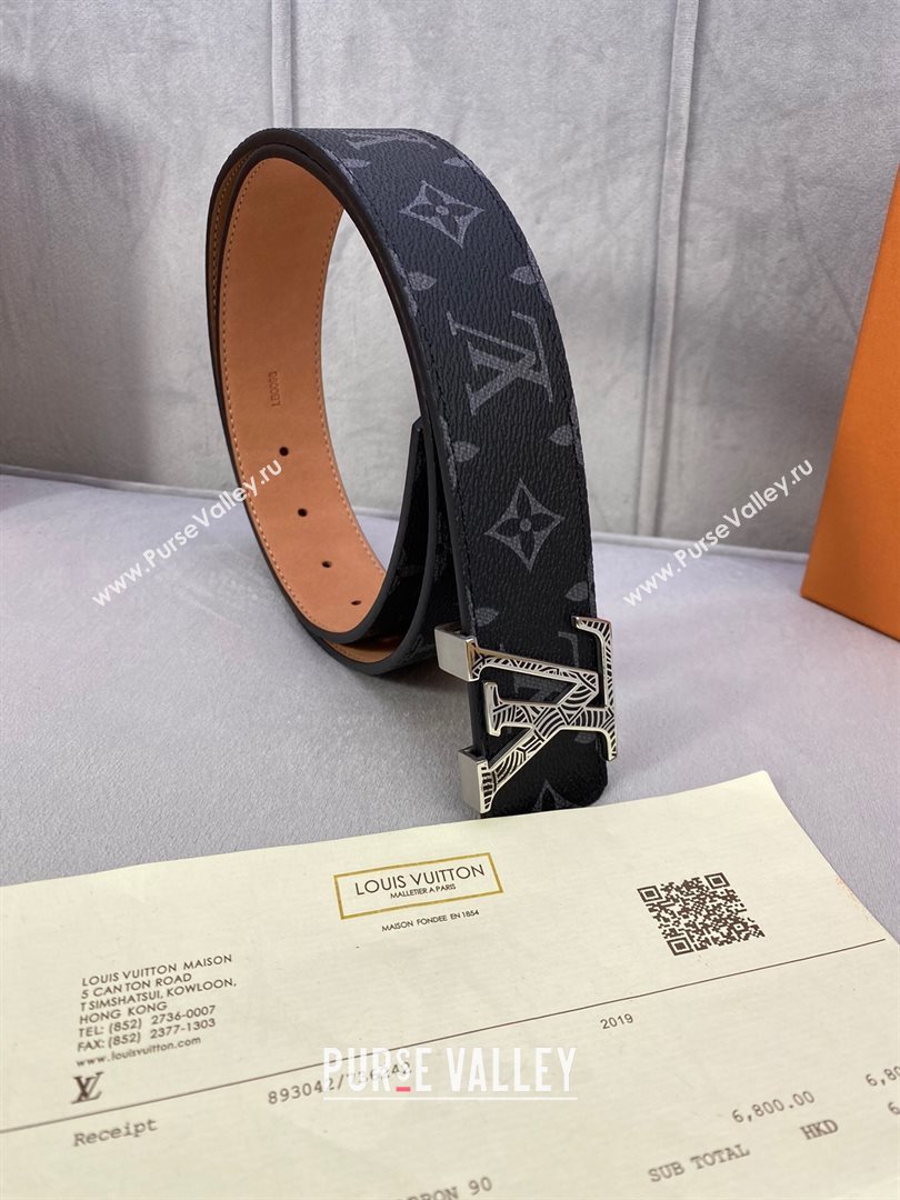 Louis Vuitton Monogram Black Canvas Belt 40mm with Silver Striped LV Buckle 2020 (99-20120762)