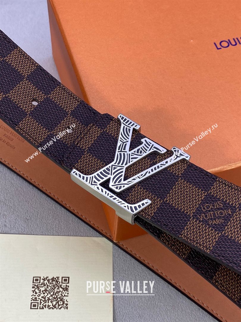 Louis Vuitton Damier Ebene Canvas Belt 40mm with Silver Striped LV Buckle 2020 (99-20120758)