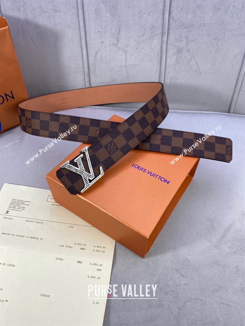 Louis Vuitton Damier Ebene Canvas Belt 40mm with Silver Striped LV Buckle 2020 (99-20120758)