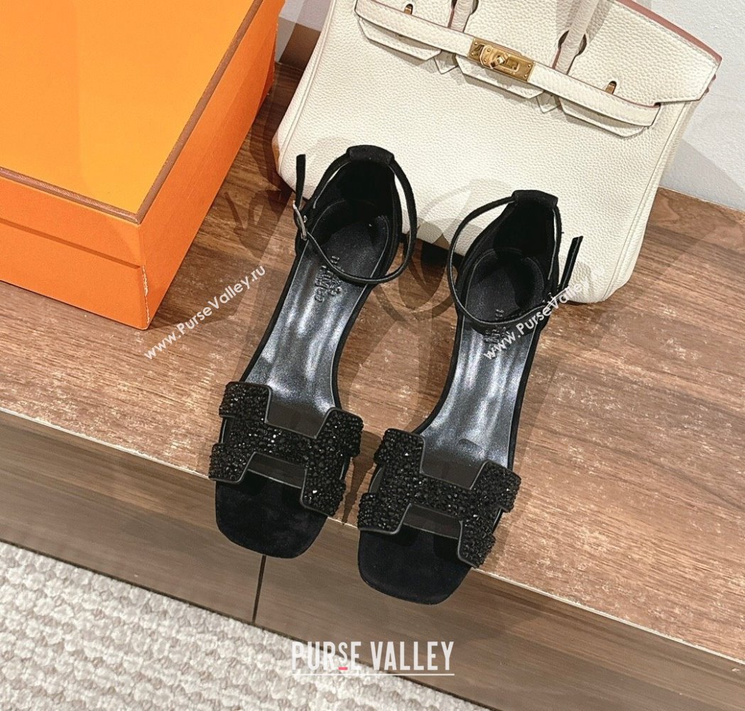 Hermes Joy Heel Sandals 4cm in Suede and Strass Black 2025 H02274 (MD-250227083)