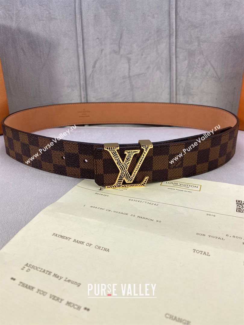 Louis Vuitton Damier Ebene Canvas Belt 40mm with Gold Striped LV Buckle 2020 (99-20120759)