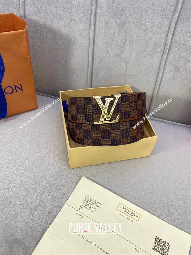 Louis Vuitton Damier Ebene Canvas Belt 40mm with Gold Striped LV Buckle 2020 (99-20120759)