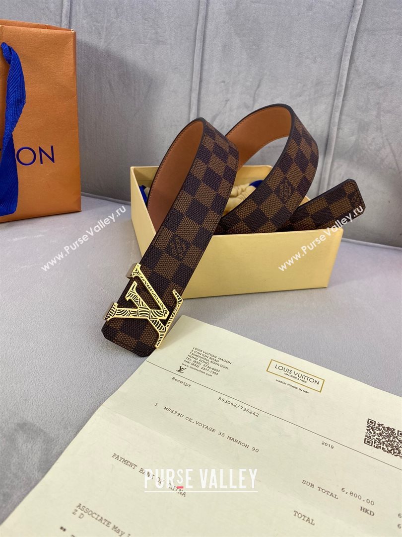 Louis Vuitton Damier Ebene Canvas Belt 40mm with Gold Striped LV Buckle 2020 (99-20120759)