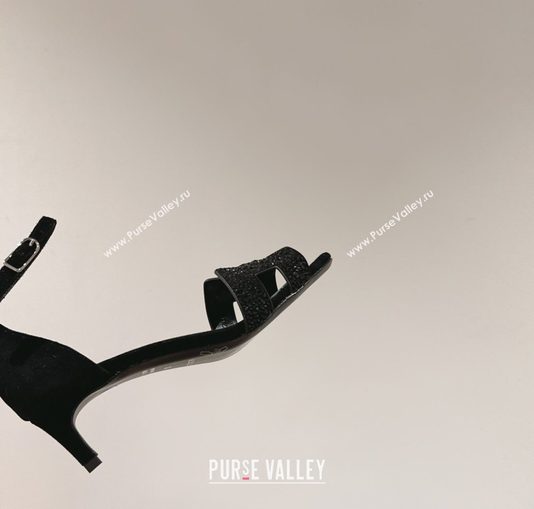 Hermes Joy Heel Sandals 4cm in Suede and Strass Black 2025 H02274 (MD-250227083)