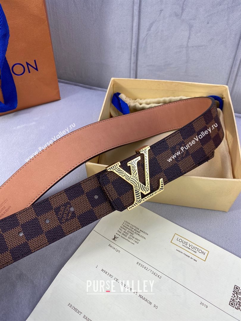 Louis Vuitton Damier Ebene Canvas Belt 40mm with Gold Striped LV Buckle 2020 (99-20120759)