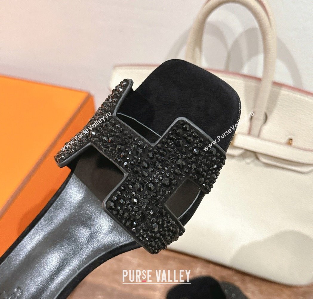 Hermes Joy Heel Sandals 4cm in Suede and Strass Black 2025 H02274 (MD-250227083)