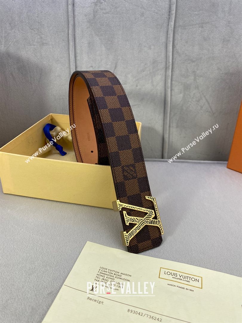 Louis Vuitton Damier Ebene Canvas Belt 40mm with Gold Striped LV Buckle 2020 (99-20120759)