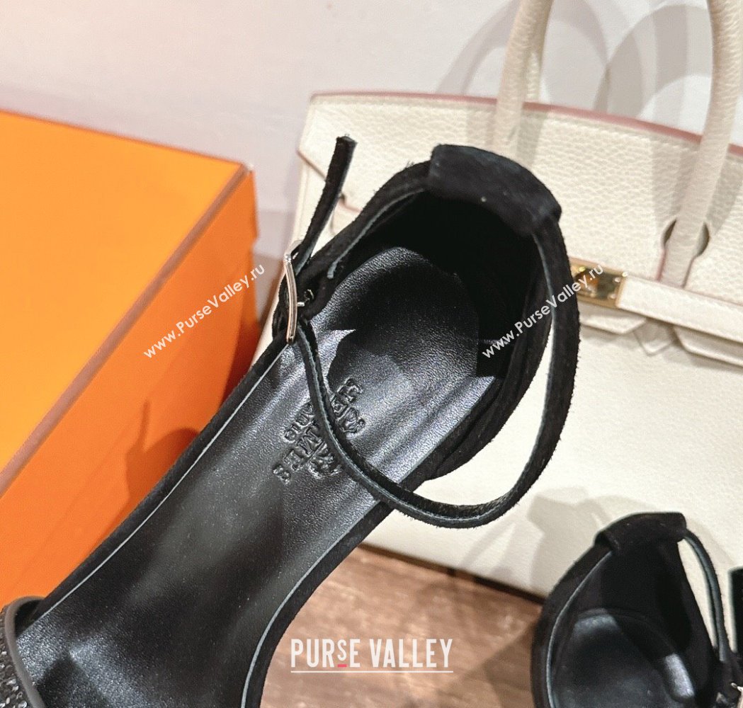 Hermes Joy Heel Sandals 4cm in Suede and Strass Black 2025 H02274 (MD-250227083)
