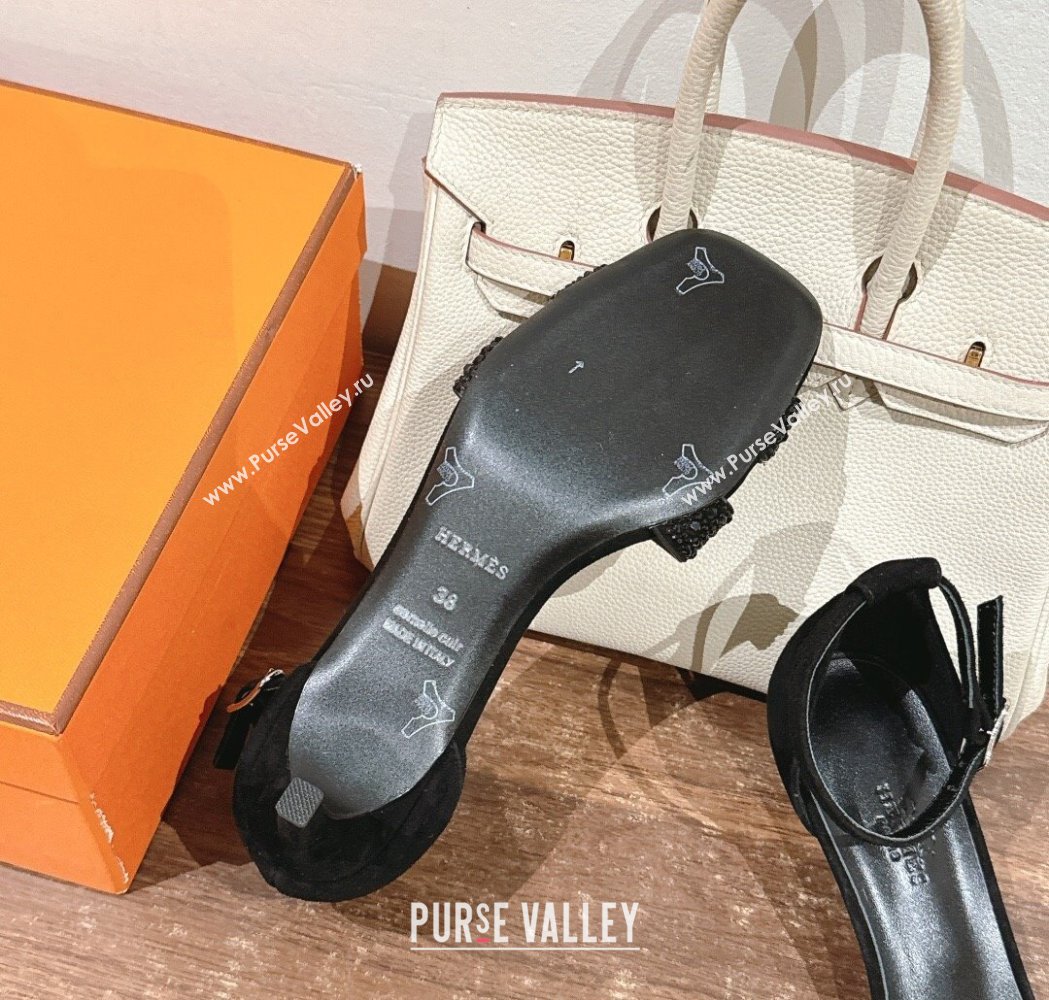Hermes Joy Heel Sandals 4cm in Suede and Strass Black 2025 H02274 (MD-250227083)