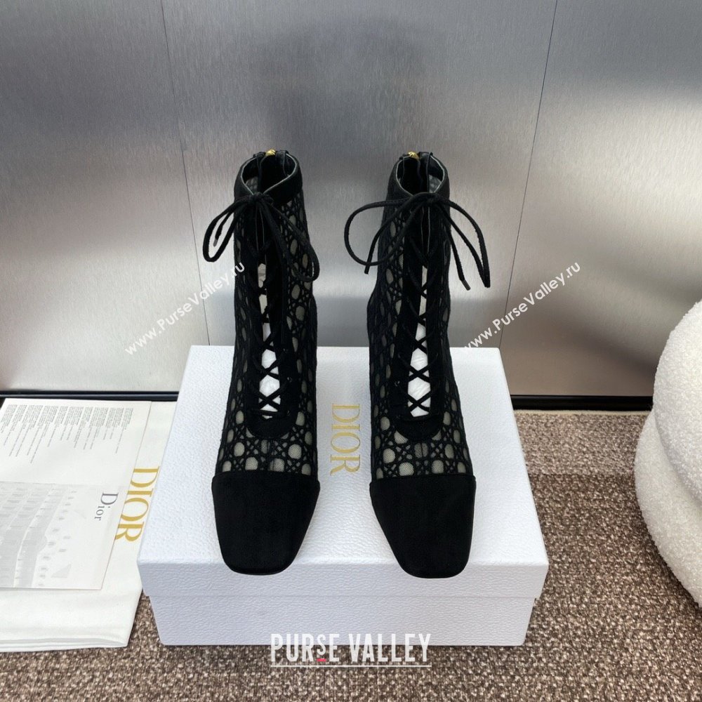 Dior Naughtily-D Heeled Ankle Boot in Mesh Embroidered with Black Cannage Motif and Suede 6.5cm Heel 2024 (JC-24092909)