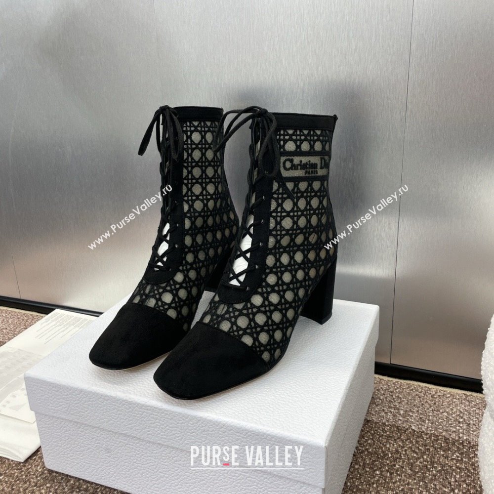 Dior Naughtily-D Heeled Ankle Boot in Mesh Embroidered with Black Cannage Motif and Suede 6.5cm Heel 2024 (JC-24092909)