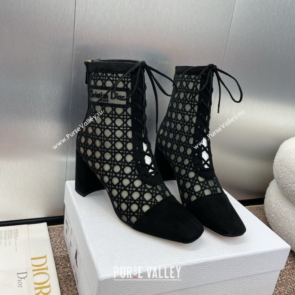 Dior Naughtily-D Heeled Ankle Boot in Mesh Embroidered with Black Cannage Motif and Suede 6.5cm Heel 2024 (JC-24092909)