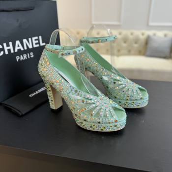 Chanel Strass Suede Sandals with Heel 11cm G45455 Green 2024 (MD-24042202)