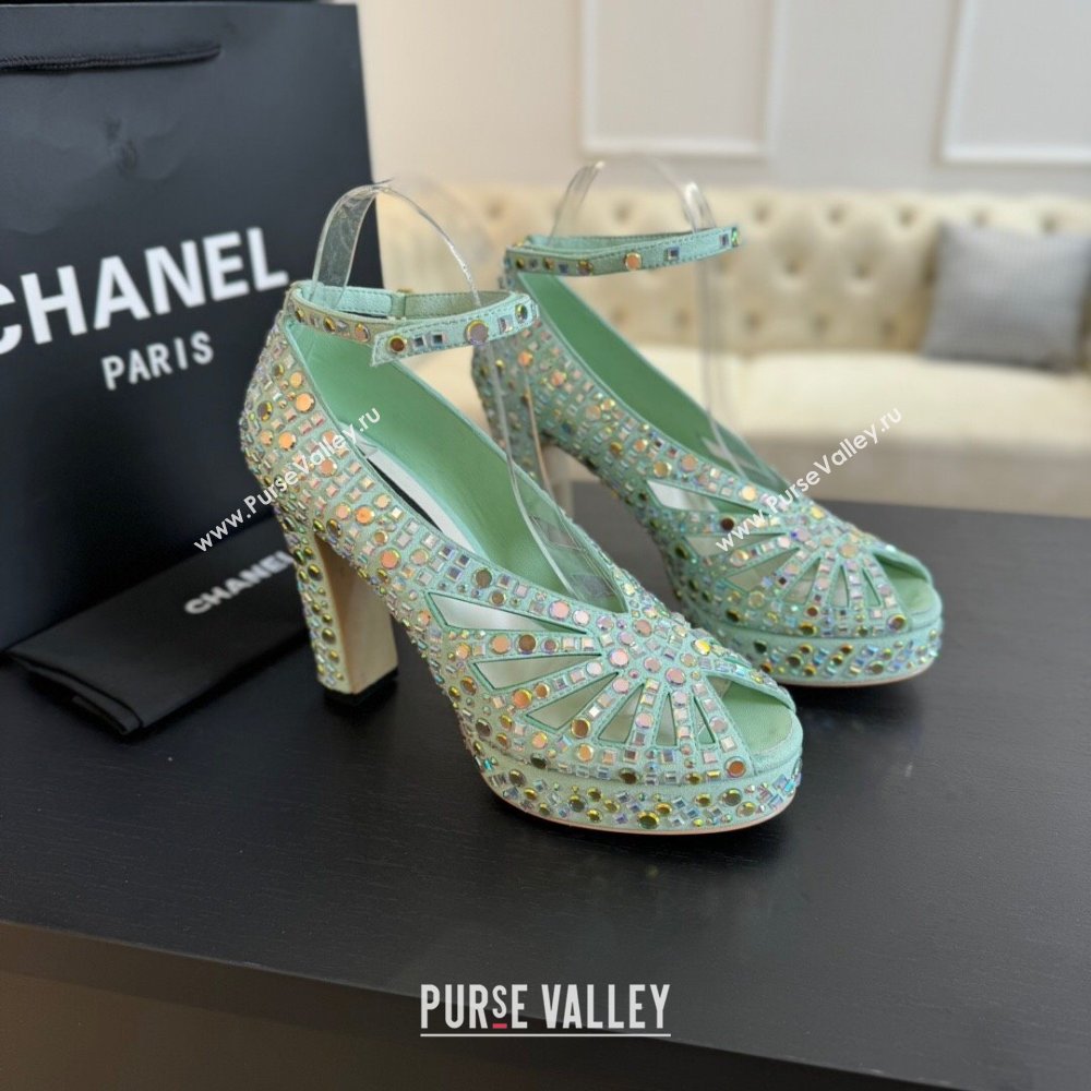 Chanel Strass Suede Sandals with Heel 11cm G45455 Green 2024 (MD-24042202)