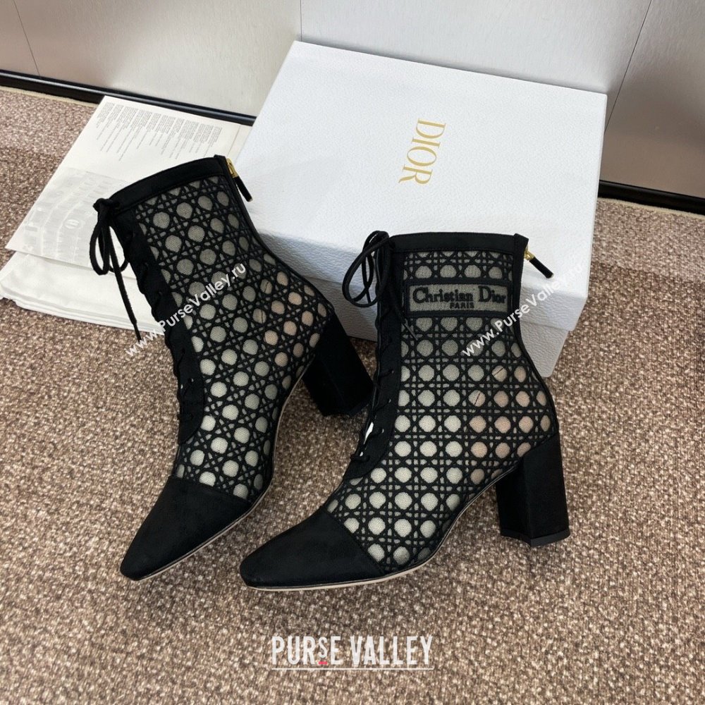 Dior Naughtily-D Heeled Ankle Boot in Mesh Embroidered with Black Cannage Motif and Suede 6.5cm Heel 2024 (JC-24092909)