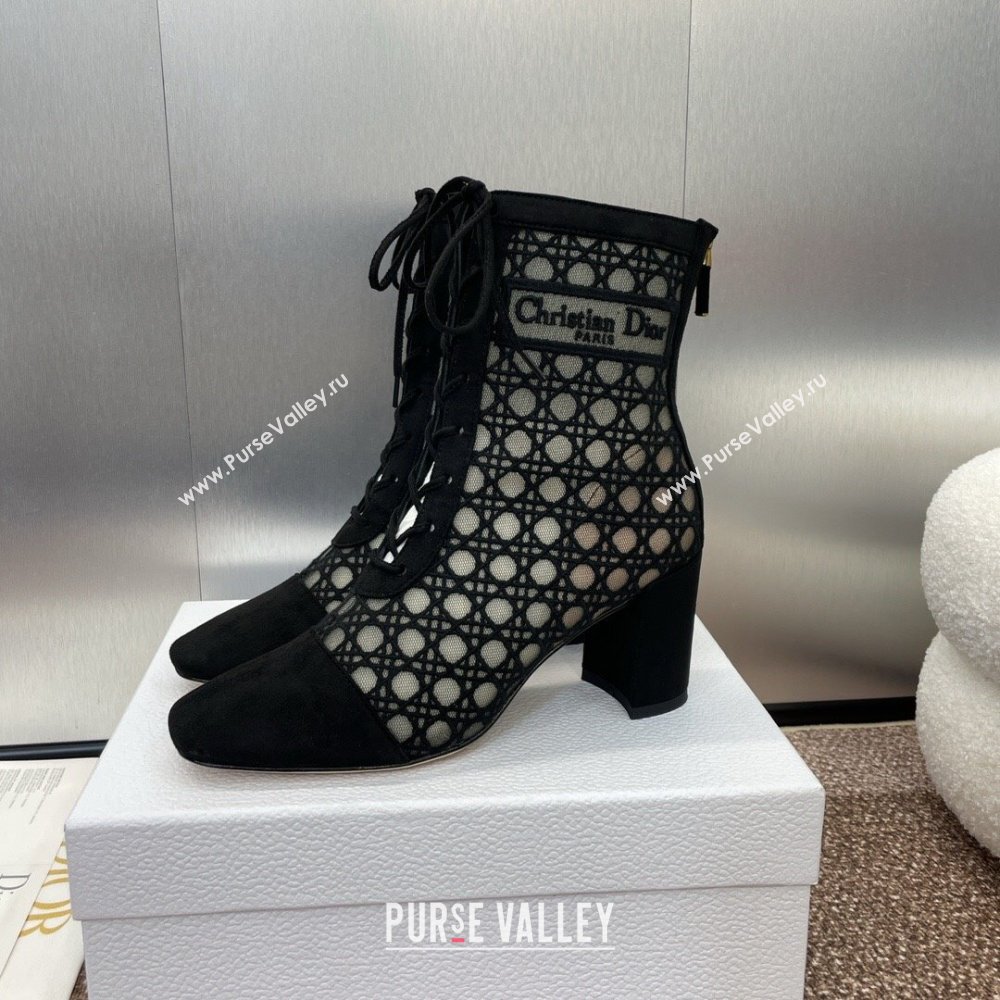 Dior Naughtily-D Heeled Ankle Boot in Mesh Embroidered with Black Cannage Motif and Suede 6.5cm Heel 2024 (JC-24092909)