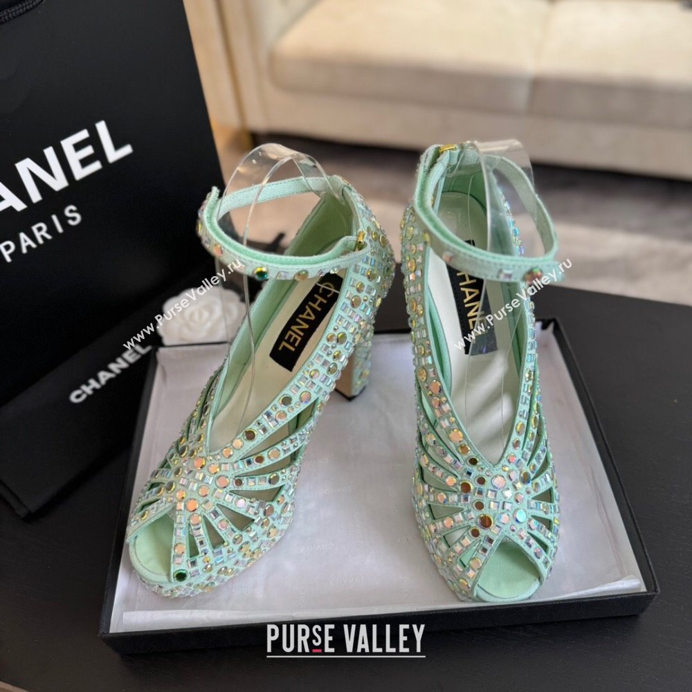 Chanel Strass Suede Sandals with Heel 11cm G45455 Green 2024 (MD-24042202)